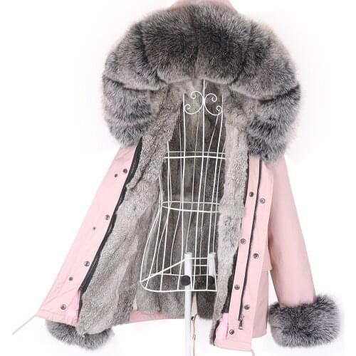 2021 Real Fur Coat Winter Jacket Women Natural Fox Fur Collar Hood 100% Real Rabbit Fur Liner Winter Parka Outerwear Streetwear