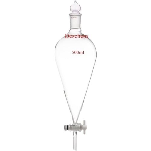500ml,24/40,Glass Separatory Funnel,Pear Shape,PTFE Stopcock,Straight Drop Tube
