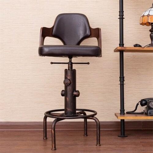 Europe Retro Style Height Adjustable Bar Chair With Footrest Wood Backrest Swivel Bar Stool Counter Coffee Pub Chair Barstool