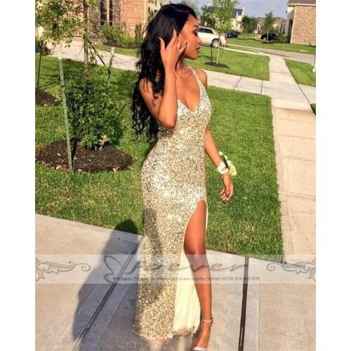 Shining Gold Sequined Side Slit Prom Dresses 2019 Sexy Deep V-Neck Mermaid Party Dresses Vestido De Gala Caftan Plus Size Custom