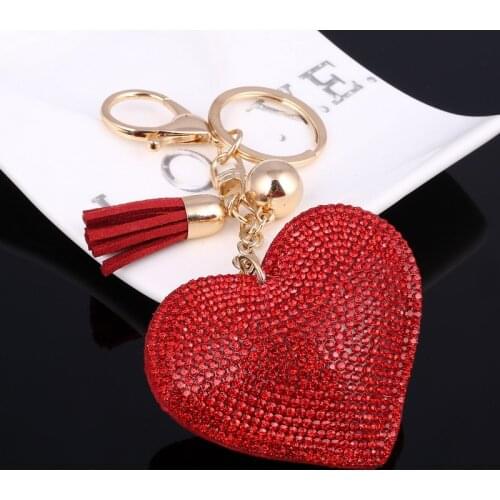 Crystal Red Heart Key Chain Gold Chain With Tassel Car Purses Bag Pendant Charm Keychain Ring Girl Bag Key Holder Lovers Gifts