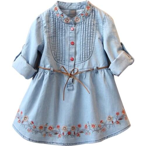 2021 Spring Autumn 3-12 Age Kids Embroidery Flower Long And Short Sleeve Double Use Denim Blue Elegant Dress For Girl With Belt