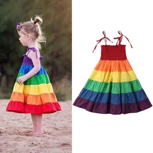 Summer Toddler Kid Baby Girl Clothes Strap Pageant Party Princess Dress Rainbow Dresses