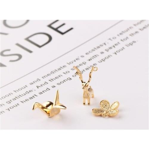 Julie Wang 5PCS Tiny Copper Animal Charms Gold Color Paper Crane Deer Butterfly Shape Pendant Bracelet Jewelry Making Accessory