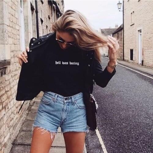 Women Fashion Letter Print Hell Was Boring T-Shirt Women Funny T Shirt Summer Short Sleeve Casual Tops Gothic Tops Camisas Mujer