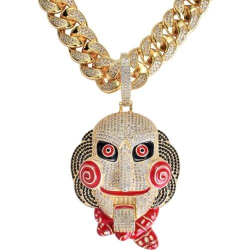 Hip Hop Large Size Bling Iced Out Clown Mask Necklaces Pendants For Men Rapper Jewelry With 18MM Cuban Chain