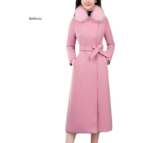 Korean Women Woolen Jacket Autumn Winter Slim Longer Wool coat Upscale Womens Fashion Removable fur collar Tops Overcoat