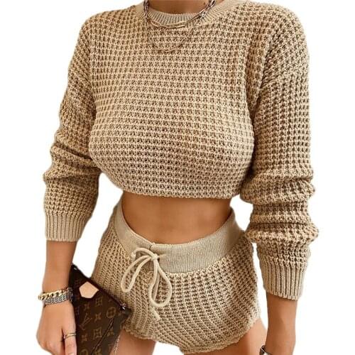 Women Long Sleeve Crop Top and Lace-up High Waist Shorts Fashion Solid Color Knitted Outfits Casual Style Tracksuit for Autumn