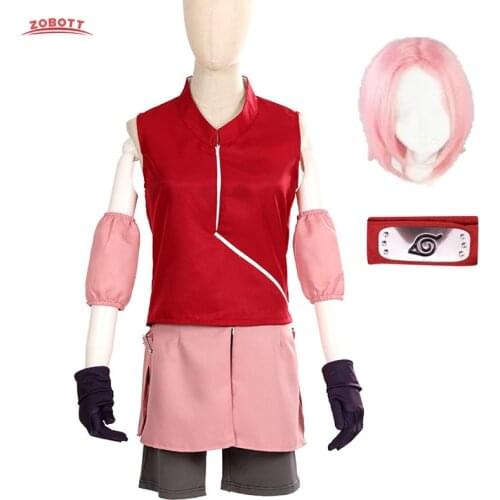 Haruno Sakura Cosplay Costume Haruno Sakura Anime Cosplay Costumes Halloween Women Cosplay Clothing Short Pink Wigs and Headband