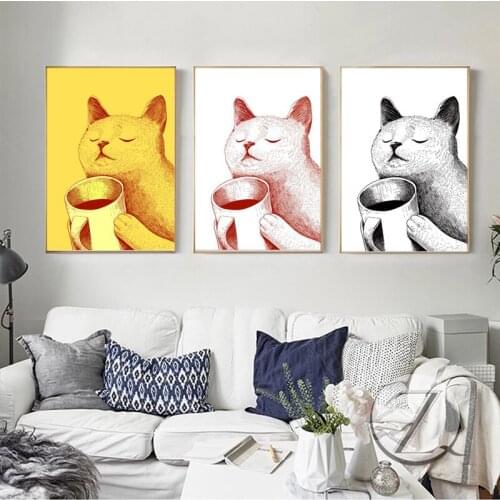 Colorful Cat Cup Enjoy Life Canvas Painting Animals Nordic Posters And Prints Wall art Pictures For Living Room Home Decoration