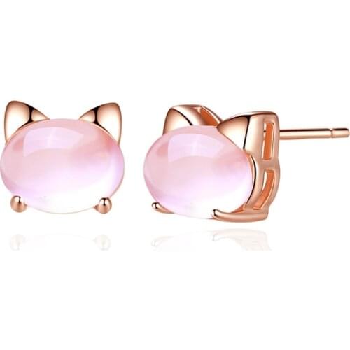 MIQIAO 925 Sterling Silver Cute Cat Kitty Head Pink Stone Vintage Piercing Stud Earring for Women Girls Friends Gift Jewelry Boh