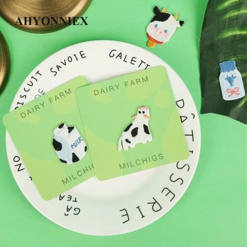AHYONNIEX Cute Milk Farm Embroidery Patches for Bag Jeans Cow Milk Bottle Iron On Patches for Clothes Small DIY Patches