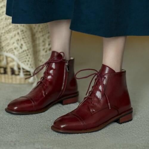 Fashion Red Boots High Quality Cow Leather Buckle Lace-up Round Toe Womens Shoes Handmade New Ankle Boots