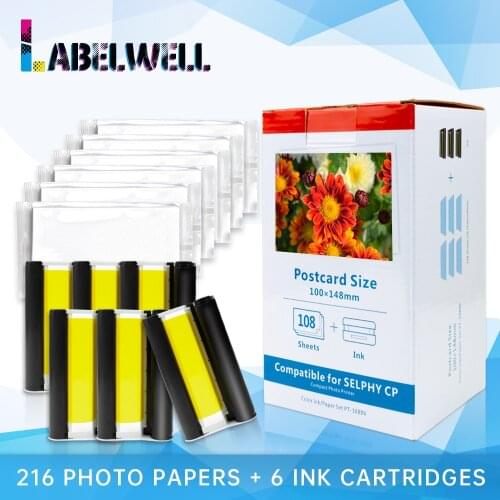 Labelwell 6 Ink 216 Sheets Paper for Canon Selphy Compact Photo Printer CP1200 CP1300 CP910 CP900 KP 108IN KP-36IN Cartridge