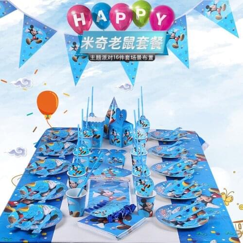 Cartoon Mickey Mouse Childrens Birthday Party Disposable Tableware set Plates Cups Triangular Flag Cupcake Stand