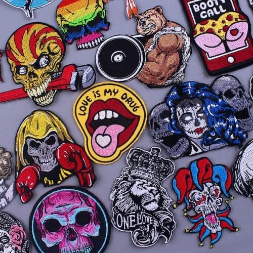 Skull Embroidery Punk Clothing Patches Iron On Patches For Clothes Hippie Rock Jackets Jeans Stripes Fabric Embroidered Patch