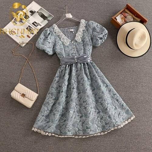 New Elegant Blue Fairy Dress Vintage Princess Sweet Lolita Revolve Dress Casual Puff Sleeve Pretty Dress 2021 Summer