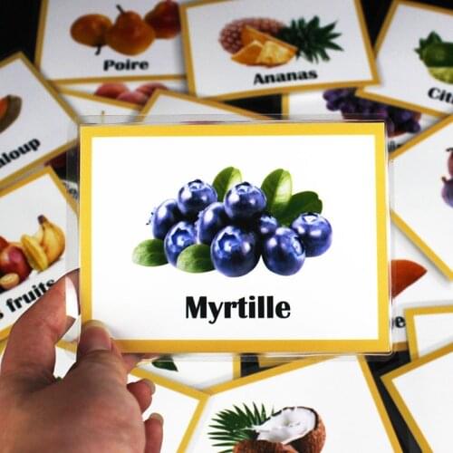 21Pcs Preschool English/French Fruit Learing FlashCard Educational Montessori Toys For Children English Words Kids Pocket Cards