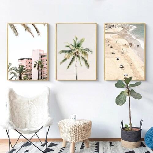 Landscape Poster Still Life Building Canvas Painting Simple Coconut Tree Seaside Scenery Wall Picture for Living Room Decoration