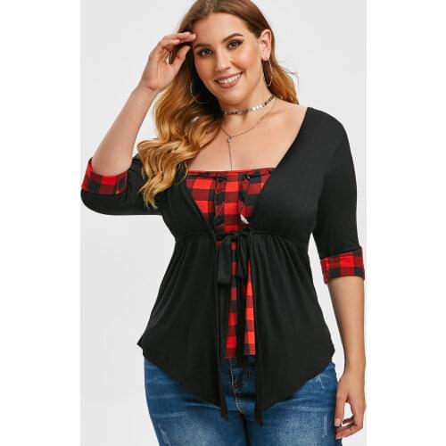 ROSEGAL Plus Size Plaid Empire Waist T-Shirt Casual Women Color Block Faux Twinset Loose T-Shirt Half Sleeve Oversized Tee Tops