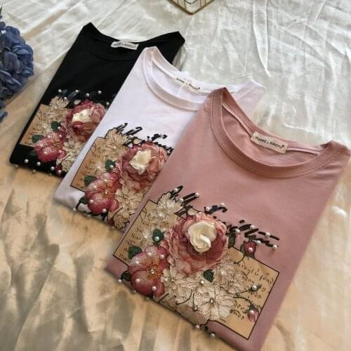 Pearl Appliques 3D Beading Women T Shirts Cotton O Neck Short Sleeve Female Casual Shirt 2021 Summer Fashion Ladies Tops Clothes