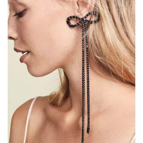 Long Tassel Crystal Drop Earring for Women Bijoux Oversize Bowknot Rhinestone Earrings Statement Earrings Female Wedding Jewelry