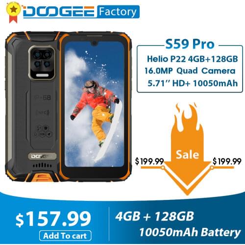 DOOGEE S59 Pro 10050mAh Super Battery Smartphone IP68/IP69K 4+128GB Helio P22 Octa Core 2W Loud Volume Speaker Mobile Phone