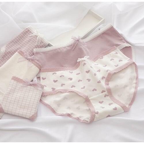 Cute Pink Cartoon Bow Underwear Women Panties Lace Cotton Soft Breathable Girls Physiological Briefs Lingerie UW49
