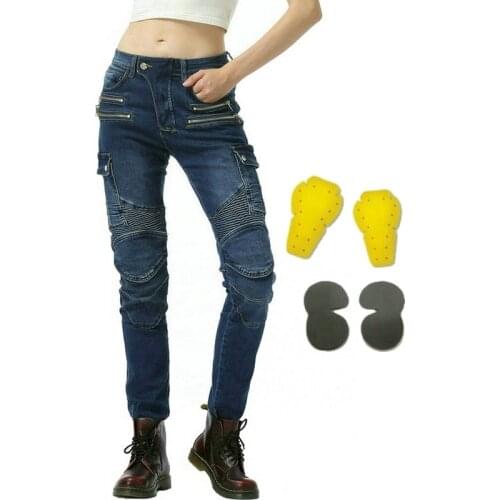 Loong Biker Female Motorcycle Riding Pants Moto Sports Knight Protective Jeans Fashion Girls' Locomotive Leisure Trousers Blue