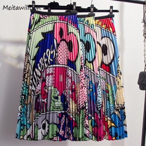 Funny Women Cartoon Animal Pattern Long Pleated Skirt 2019 Summer Bohemian Printed High Waist Chiffon Skirts Loose A-Line Skirts