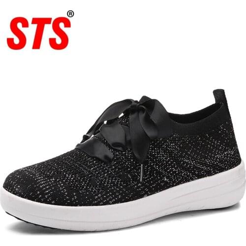 STS Brand 2019 New Spring Women Sneakers Shoes Flat Slip On Platform Black Breathable Mesh Sock Sneakers Shoe Sneakers For Women