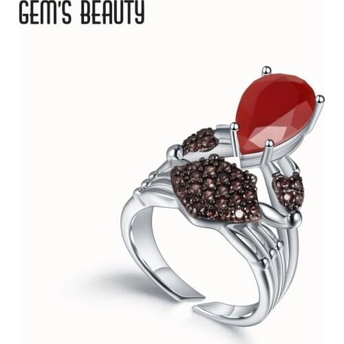 GEMS BEAUTY 925 Sterling Silver Jewellery Rings For Women Natural Pear Cut Red Agate Handmade Vintage Stack Rings