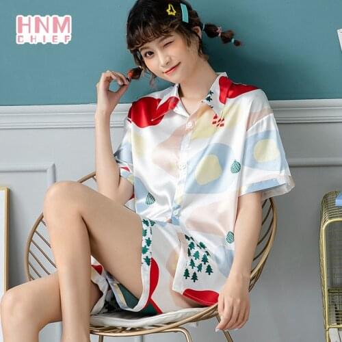 HNM Women Ice Silk Short Sleeve Pajama Sets Fashion Loose Print Pajamas Soft Daily Comfort Home Suit Casual Sexy Two Piece Sets