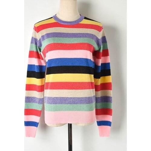 Spring Autumn Women Sweaters Pullover Lurex Knitwear O-Neck Rainbow Striped Jumper Long Sleeve Fashion Jersey Japanese Korean