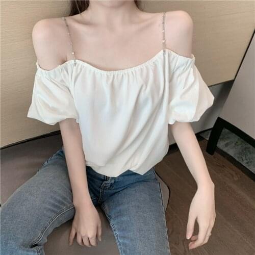 Womens Sling Strapless Chiffon Shirt 2021 Summer New Style Off-shoulder Solid Color Short Sleeve Sexy Top Femme Women Blouse
