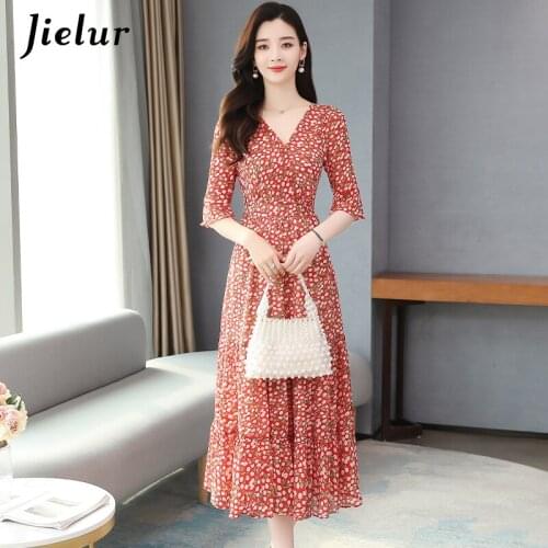 Jielur Print Summer Dress Chiffon V-neck Women Dress A-line Slim New Loose Chic Dresses Elegant Vestidos Elastic Waist S-XXL