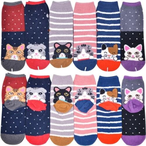 Winter Women Cartoon Cats Stripes/Dots Corals Velvet Warm Soft Middle Tube Socks