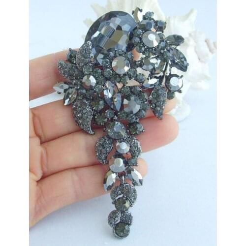 4.13" Vintage Black Gray Rhinestone Crystal Teardrop Brooch Pin Pendant EE06524C6