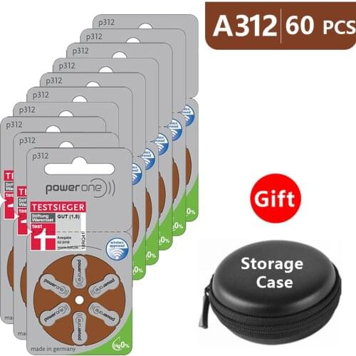 Hearing Aid Batteries Size 312 za Power one,Pack of 60,Brown Tab PR41 1.45V Type A312 AU-6nh Zinc Air Battery p312 with Case