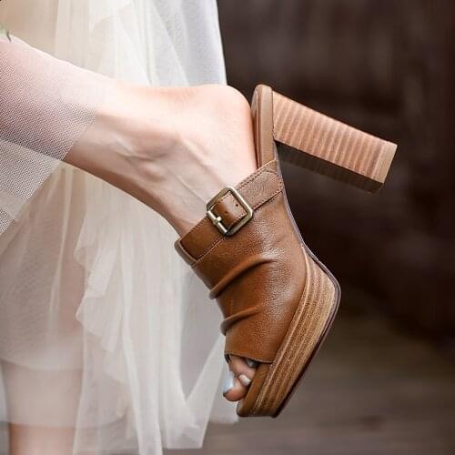 Dovereiss Fashion Womens Shoes Summer Buckle New Brown Cowhide Consice Waterproof Sexy Elegant Slippers Chunky heels 33-40