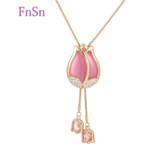 FnSn Hot 2016 Necklaces Women Jewelry Fashion Top Quality Zinc Alloy Gold Colour Flower Necklace Pendants Long Necklaces Crystal