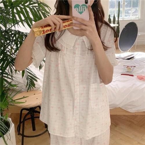 Cotton Pajamas Women 2021 Summer Sweet Lovely Cardigan Plaid Love Printing Cardigan Short Sleeve Pants Home Suit Sleepwear