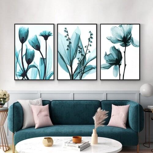 Nordic Blue Flowers Canvas Paintings On The Wall Art Canvas Prints Abstract Flowers Wall Pictures for Living Room Decorative