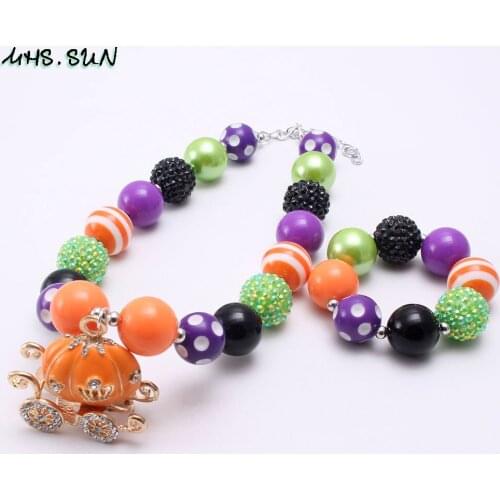 MHS.SUN Halloween Pumpkin Pendants Necklace Bracelets Girls/Child/Kids Chunky Beads Jewelry Set For Festival Gifts Handmade