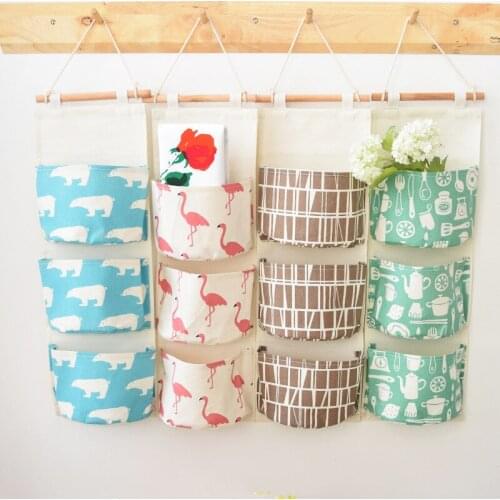 Cartoon Design Cotton Linen Hanging Storage Bag 6-8 Pockets Wall Mounted Wardrobe Hang Bag Wall Bag Cosmetic Toys Organizer