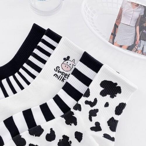 Striped socks funny cow print white cartoon calcetines cozy harajuku skarpetki damskie cute animal chaussettes kawaii happy sock