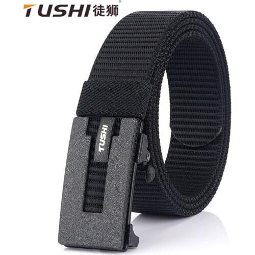 TUSHI 2021 New Fashion Business Men Belt 120cm*3.4cm Nylon Weave Waistband Metal Automatic Buckle Male Girdle Cinto Masculino