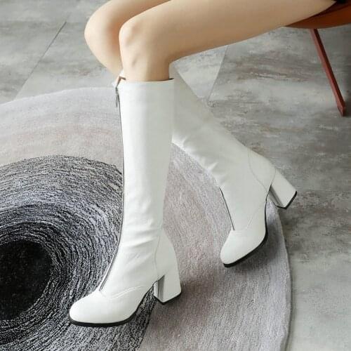 Ladies Metal Zipper Knee High Boots Autumn Winter Warm and Comfortable Large Size Womens Shoes Fashion Square High Heel Boots