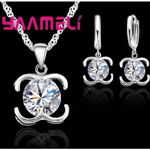 Luxury Solid 925 Sterling Silver Sparkling AAA Zircon Women Party Jewelry Pendant Necklace Lever Back Earrings Sets