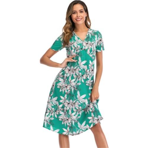 2021 New Casual Boho Beach Dress Women Short Sleeve V-neck Summer Dress Vintage Floral Print Chiffon Midi Dress Vestido de Festa